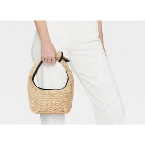 Straw Mini Bow Bag Clutch • Single Handle Beige W/BLK Trim• A New Day• NWT